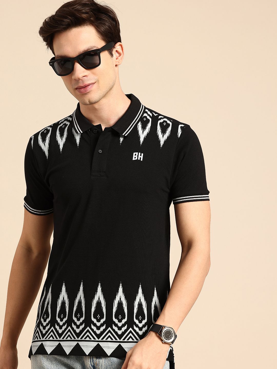 Being Human Pure Cotton Geometric Printed Polo Collar T-shirt