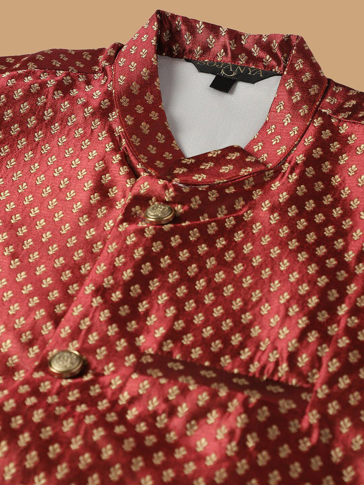 SOJANYA Embroidered Sequinned Pure Cotton Kurta with Churidar & Woven Design Nehru Jacket
