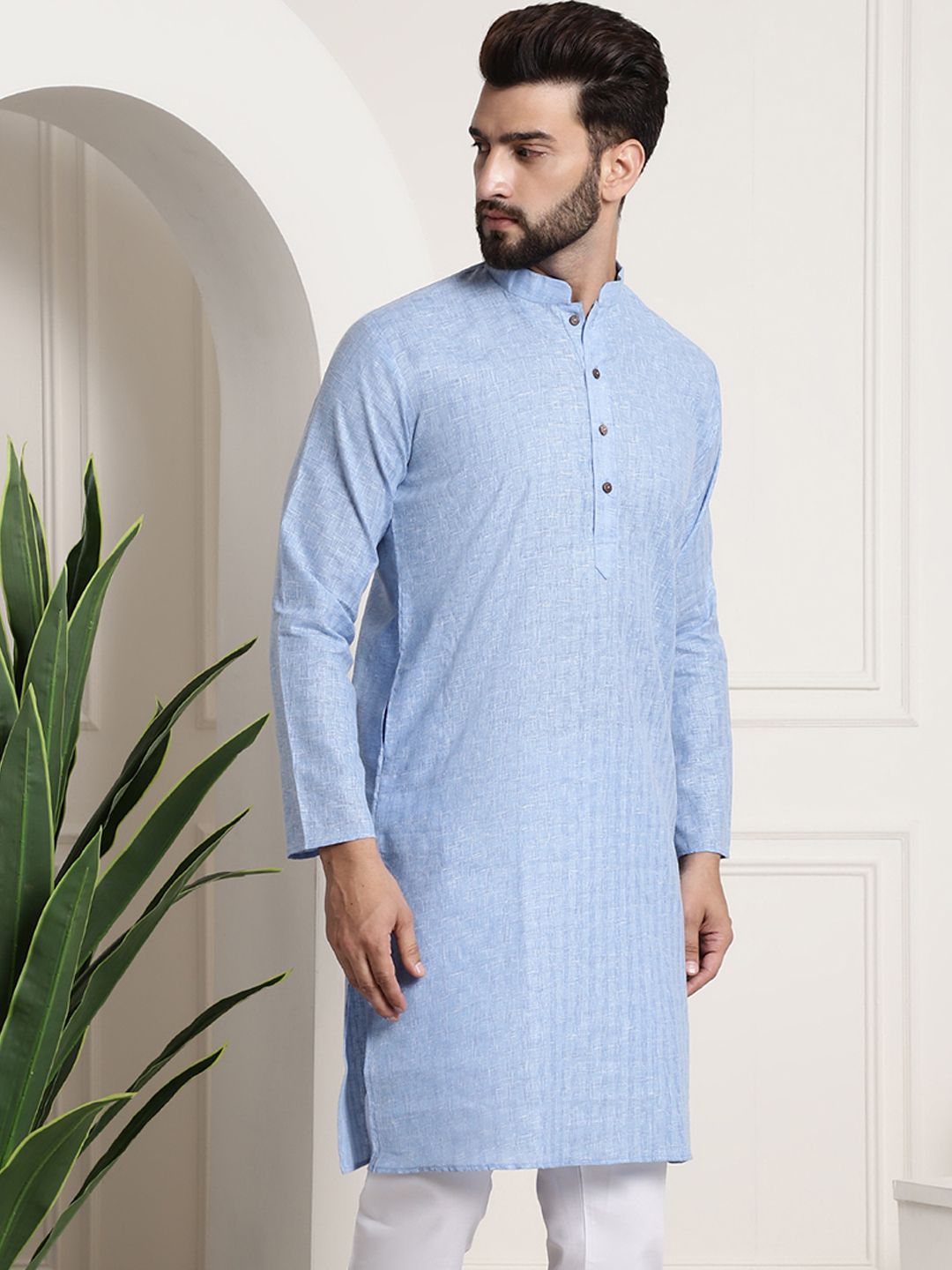 SOJANYA Men Blue Dobby Self-Checked Straight Kurta