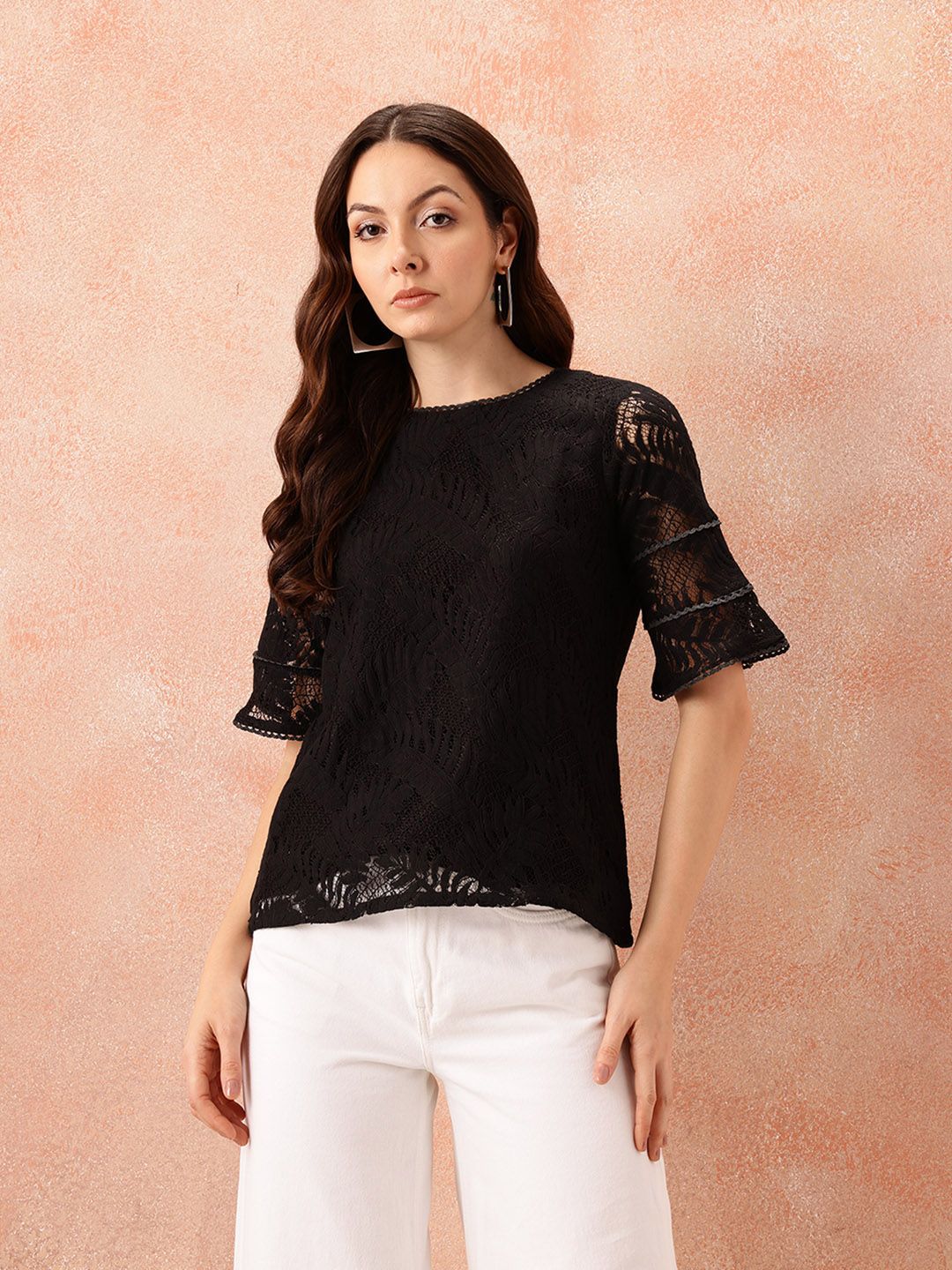 all about you Self Design Lace Up Bell Sleeve Top