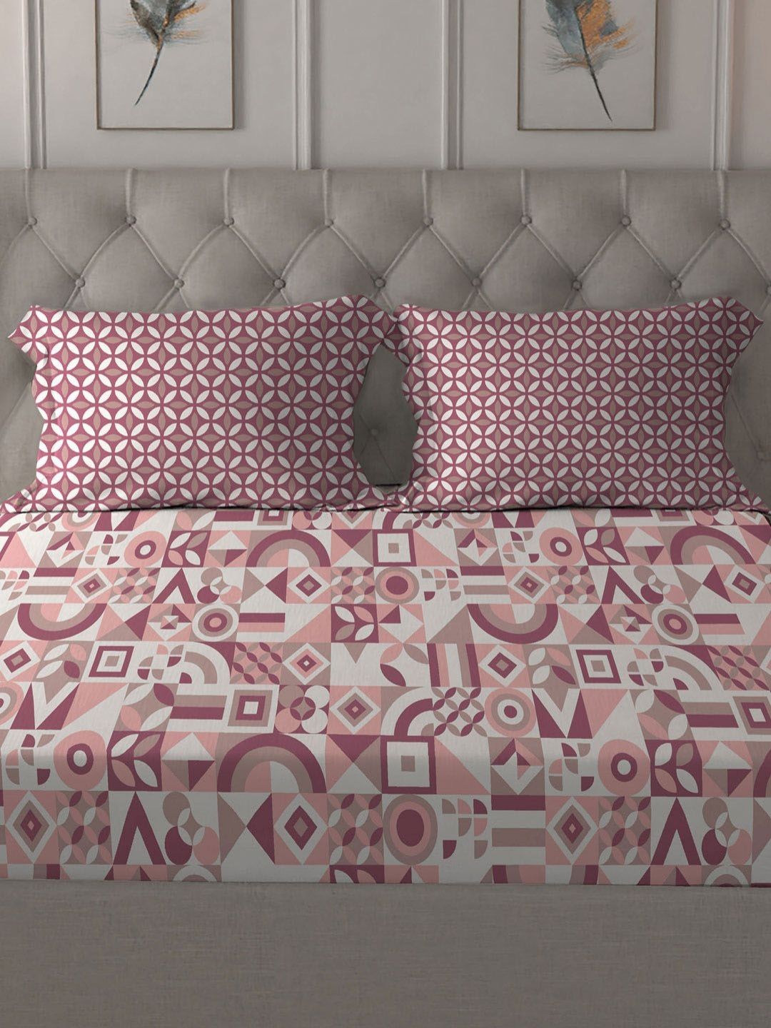 MYTRIDENT Magnolia Pink Comfort Living Flat 120TC Queen Cotton Bedsheet & 2 Pillow Covers