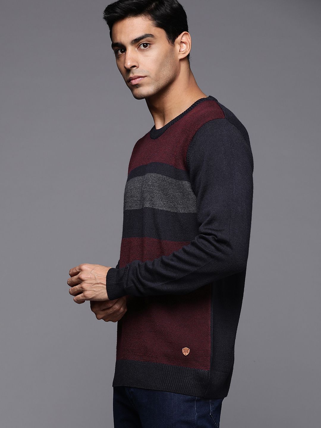 Raymond Men Maroon & Navy Blue Striped Woolen Pullover