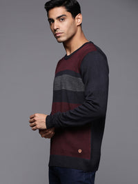 Raymond Men Maroon & Navy Blue Striped Woolen Pullover