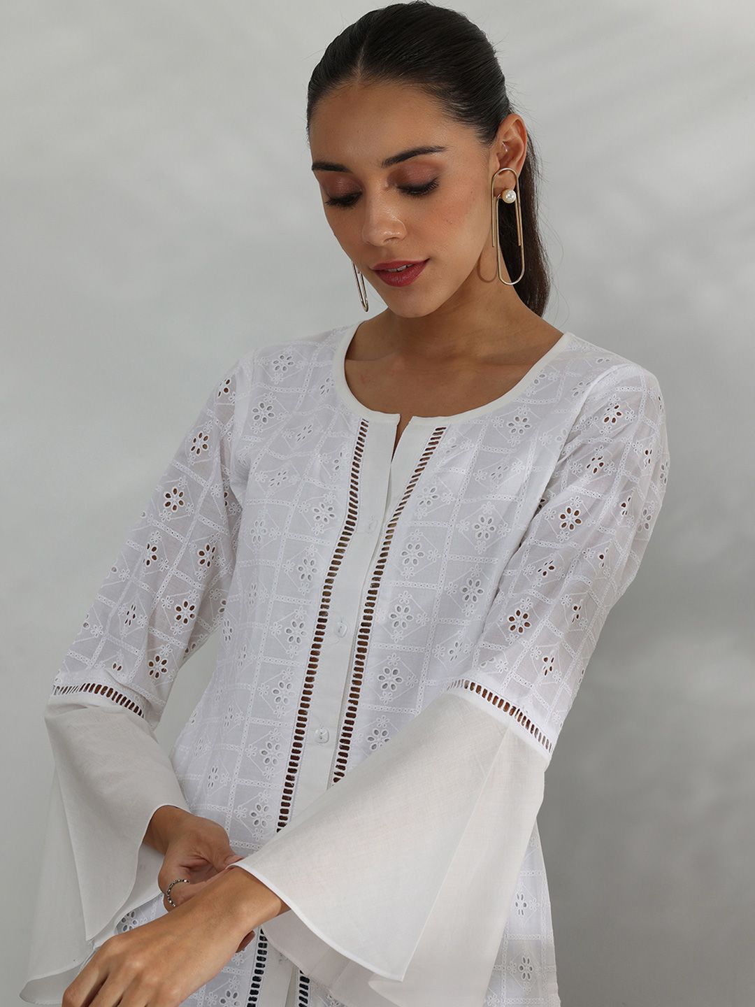 Libas Floral Embellished Notch Neck Pure Cotton Tunic