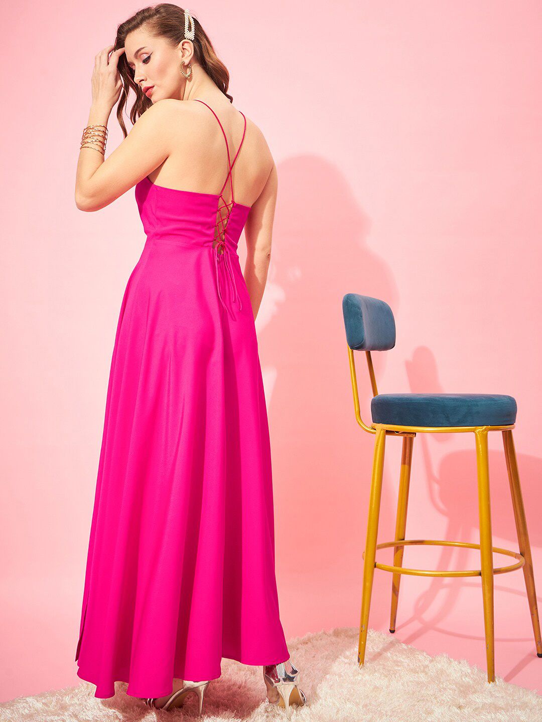 Berrylush Pink Shoulder Straps Tie Ups Maxi Dress
