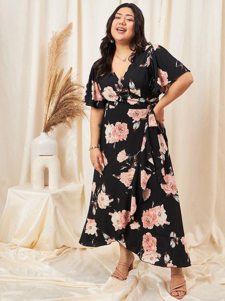 Berrylush Curve Plus Size Floral Printed Flared Sleeve Ruffled Crepe Maxi Dress