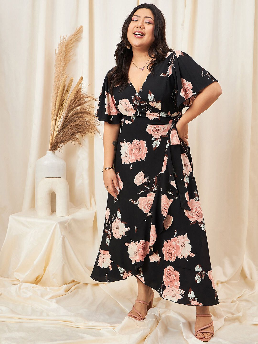 Berrylush Curve Plus Size Floral Printed Flared Sleeve Ruffled Crepe Maxi Dress