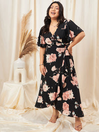Berrylush Curve Plus Size Floral Printed Flared Sleeve Ruffled Crepe Maxi Dress