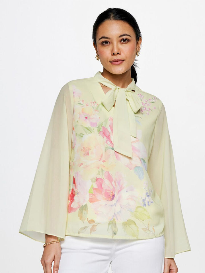 AND Floral Printed Tie-Up Neck Flared Sleeves Top