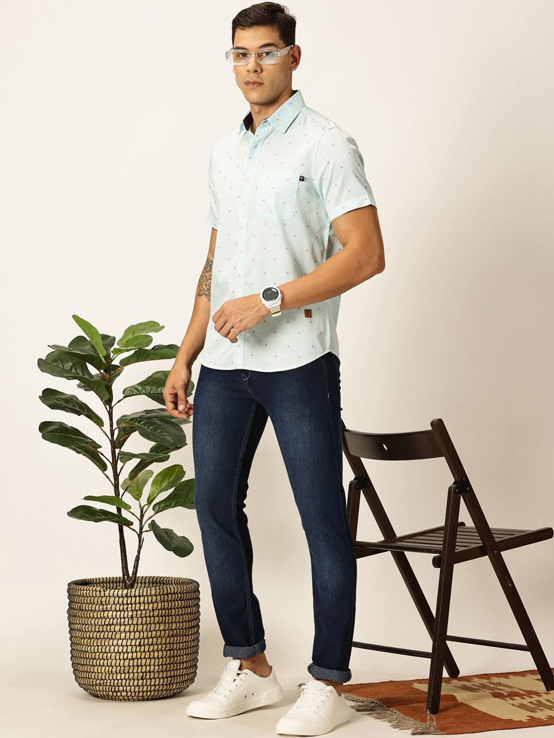 Thomas Scott Men Premium Spread Collar Micro Ditsy Printed Cotton Slim Fit Casual Shirt