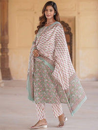 Kalini Floral Printed Pure Cotton Kurta dengan Seluar & Dupatta