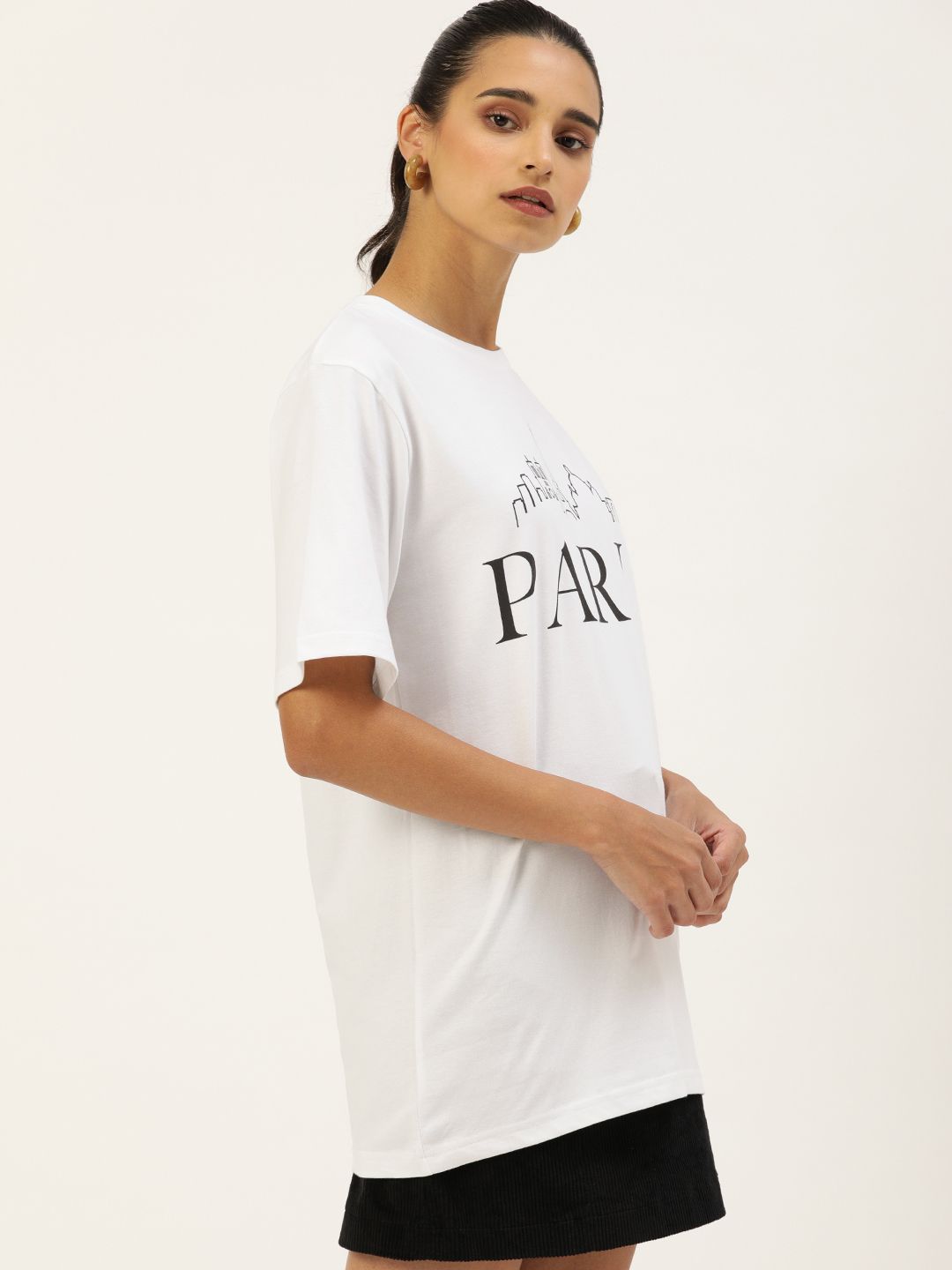 DILLINGER Women White Printed Round Neck  Longline Oversized Pure Cotton T-shirt