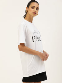 DILLINGER Women White Printed Round Neck  Longline Oversized Pure Cotton T-shirt