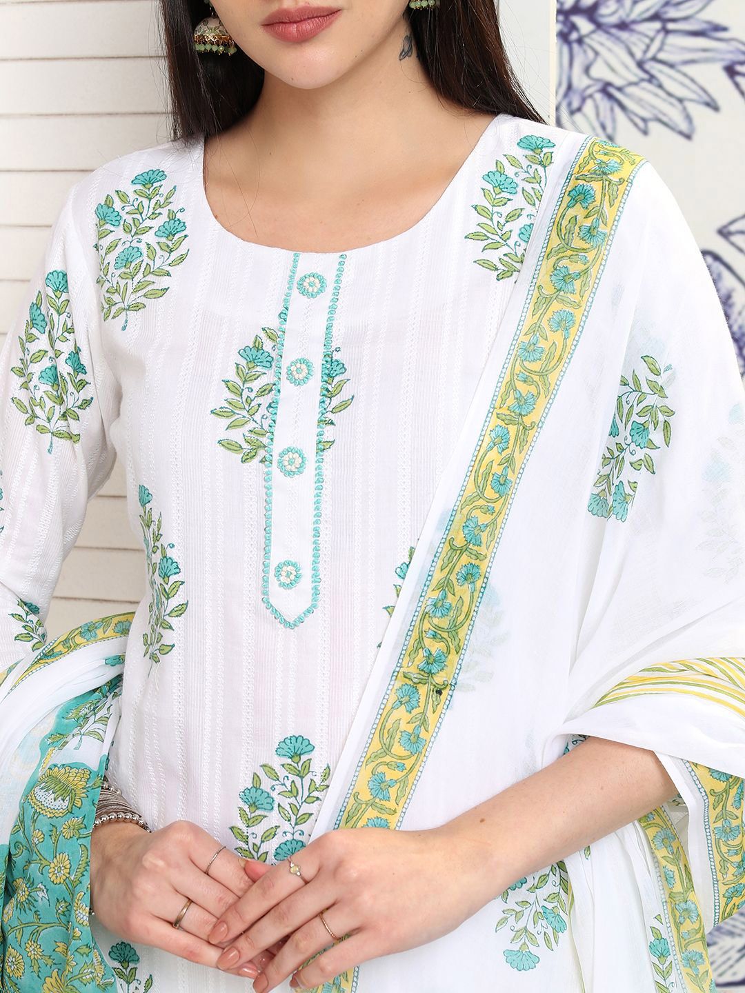 Vishudh White Floral Printed Pure Cotton Straight Kurta With Trousers & Dupatta