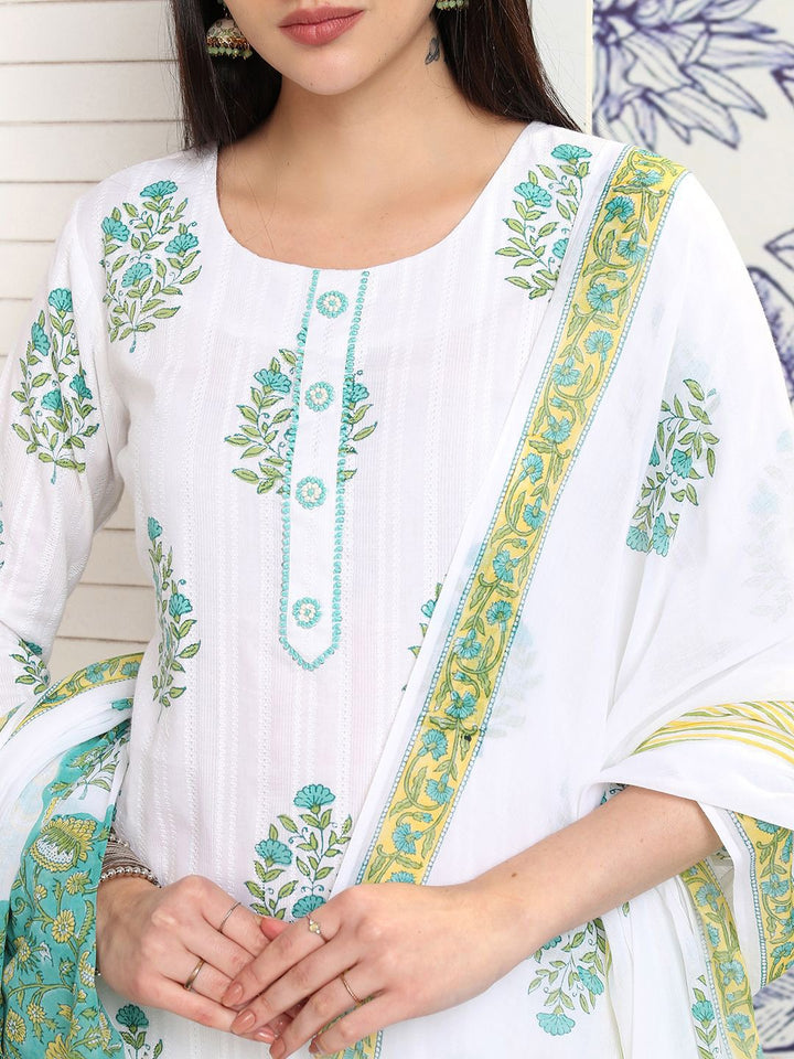 Vishudh White Floral Printed Pure Cotton Straight Kurta With Trousers & Dupatta