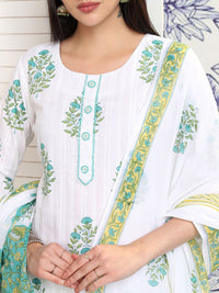 Vishudh White Floral Printed Pure Cotton Straight Kurta With Trousers & Dupatta