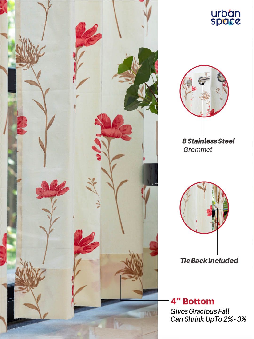 URBAN SPACE White & Pink 2 Pieces Floral Printed Window Curtains