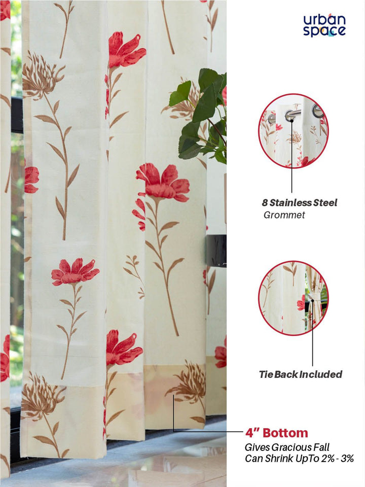 URBAN SPACE White & Pink 2 Pieces Floral Printed Window Curtains