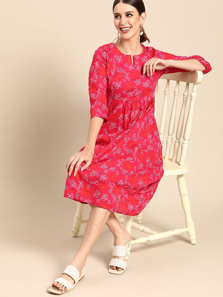 Anouk Women Pink & White Ethnic Motifs Print Pure Cotton A-Line Midi Dress