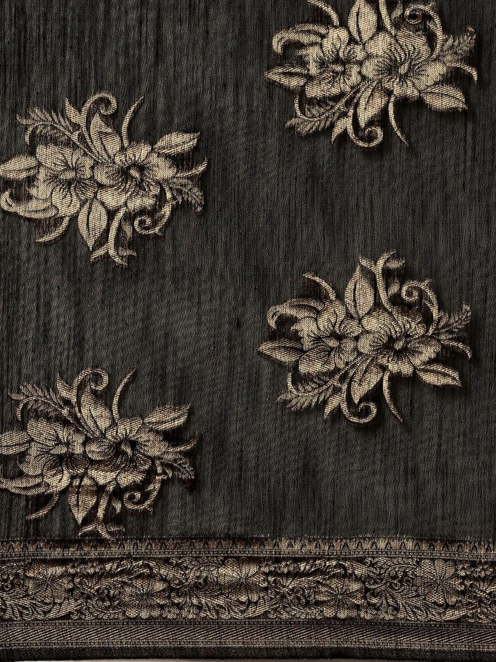 Saree mall Black Floral Linen Blend Banarasi Saree