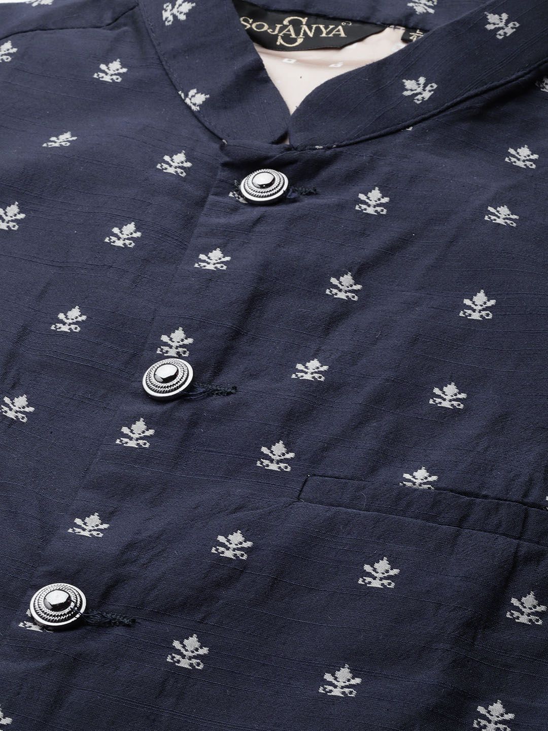 SOJANYA Men Navy Self Design Kurta with Churidar & Nehru Jacket