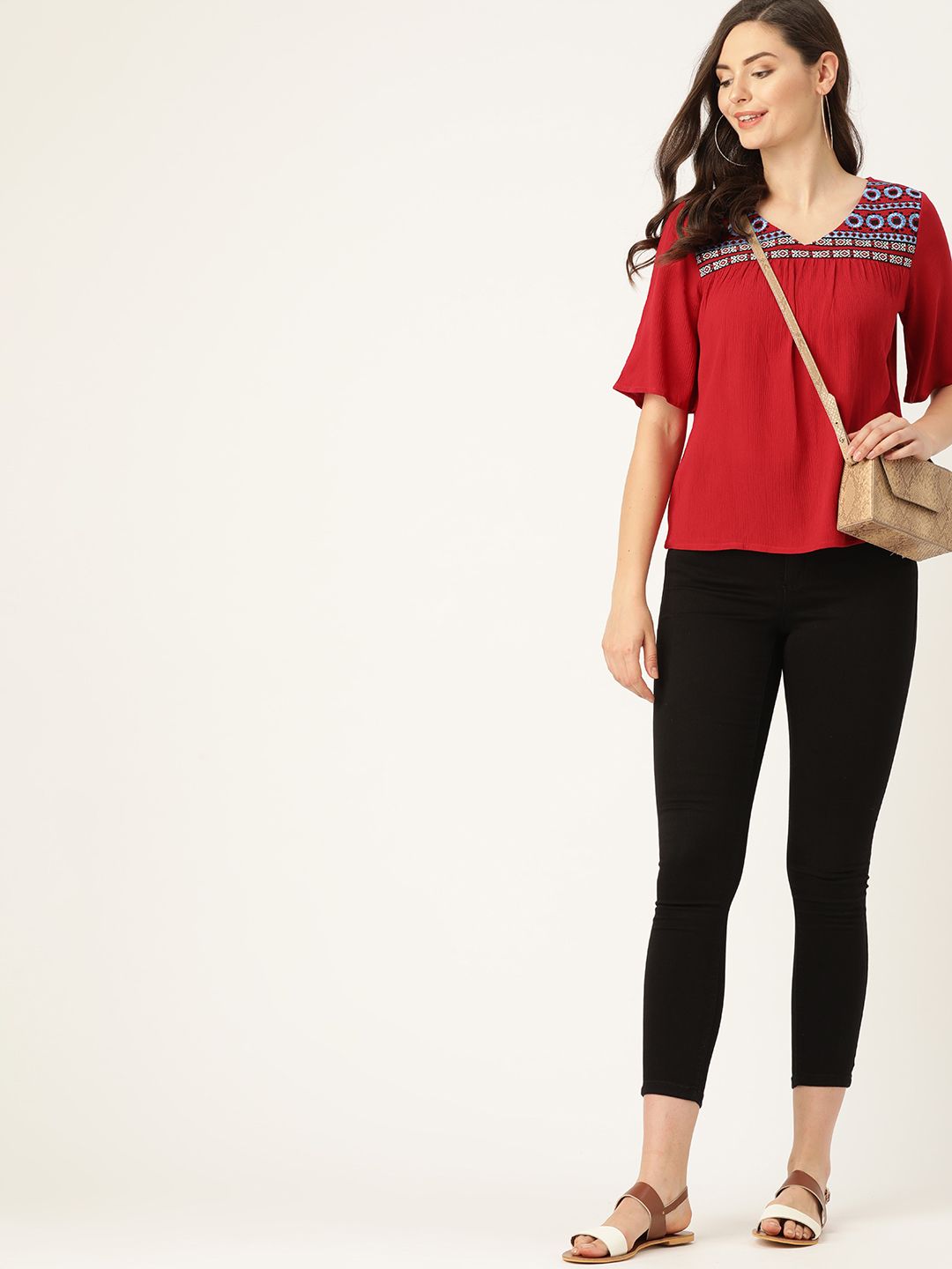 DressBerry Red & Blue Embroidered A-Line Top