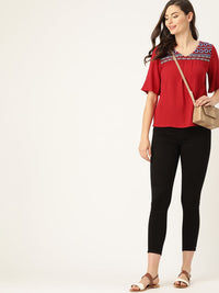 DressBerry Red & Blue Embroidered A-Line Top