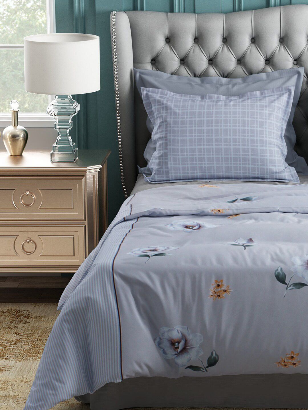 Story@home Grey & Cream-Coloured Floral 144 TC Cotton Queen Bedsheet with 2 Pillow Covers
