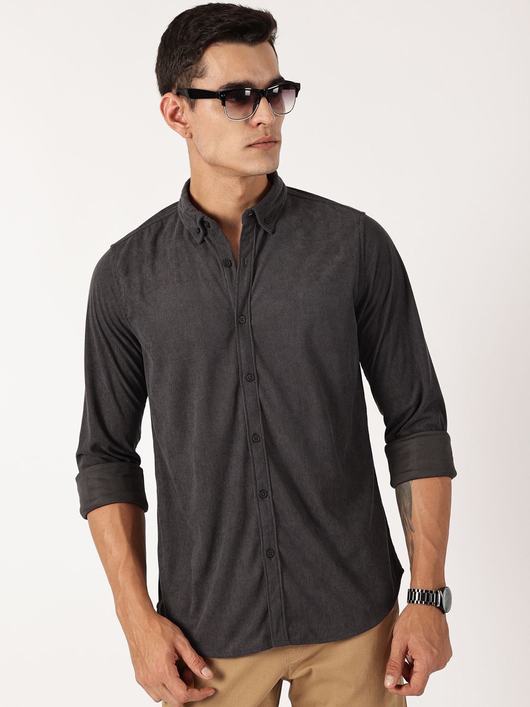 Thomas Scott Men Premium Button-Down Collar Corduroy Cotton Casual Shirt