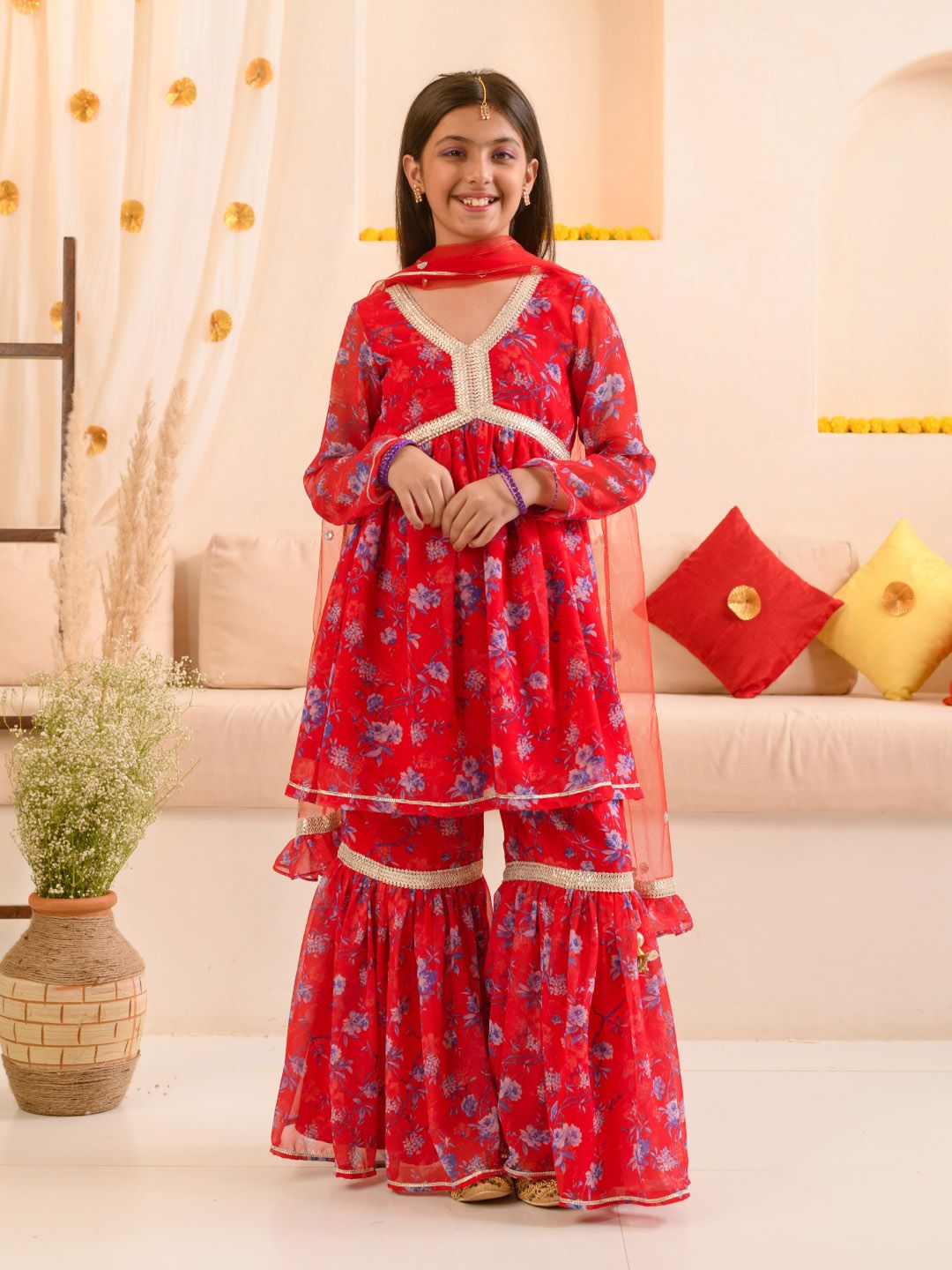 pspeaches Girls Floral Printed Regular A-Line Kurta & Sharara With Dupatta