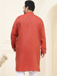 SOJANYA PLUS Men Red & Golden Jacquard Silk Woven Design Straight Kurta