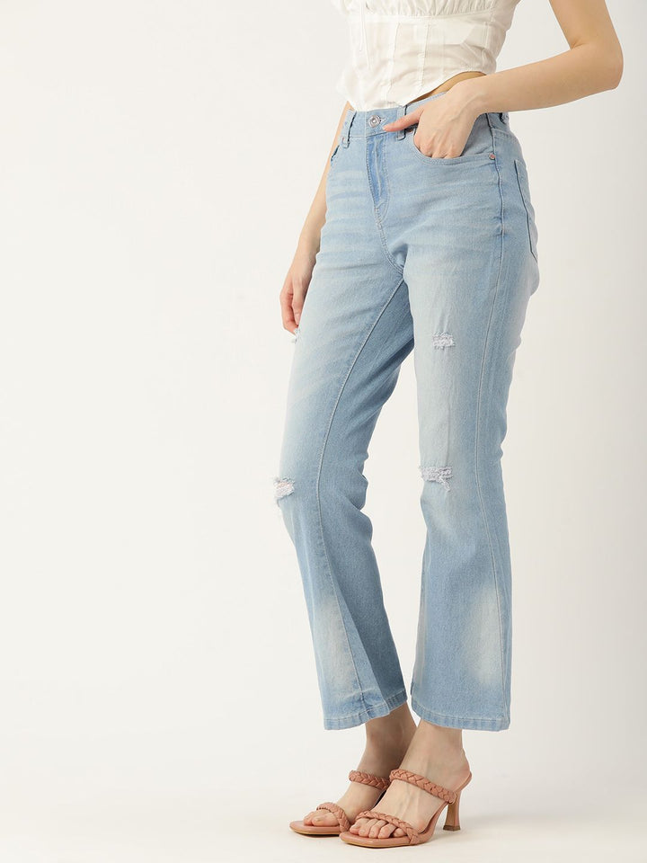 DressBerry Women Blue Flared Mildly Distressed Heavy Fade Stretchable Jeans