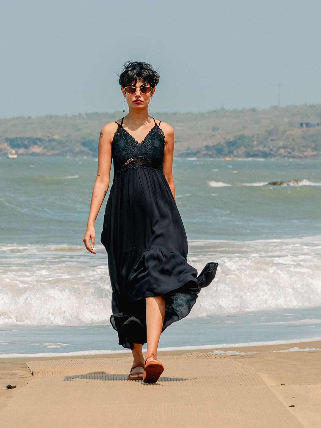 RAREISM Self Design Shoulder Strap Fit & Flare Midi Dress