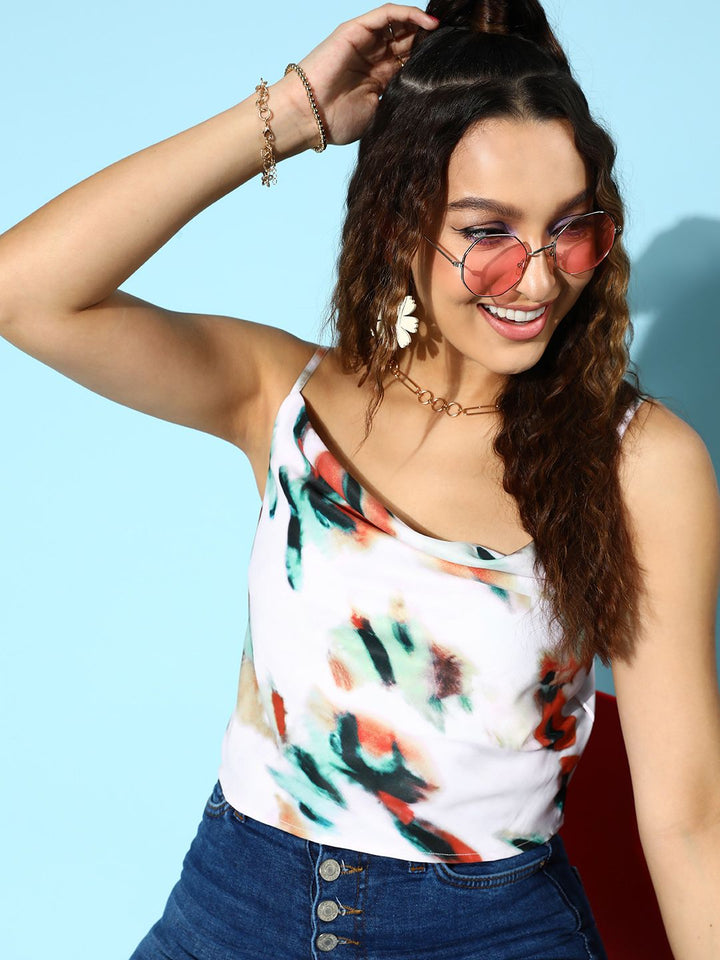 Berrylush White & Multicoloured Printed Cowl Neck Satin Crop Top