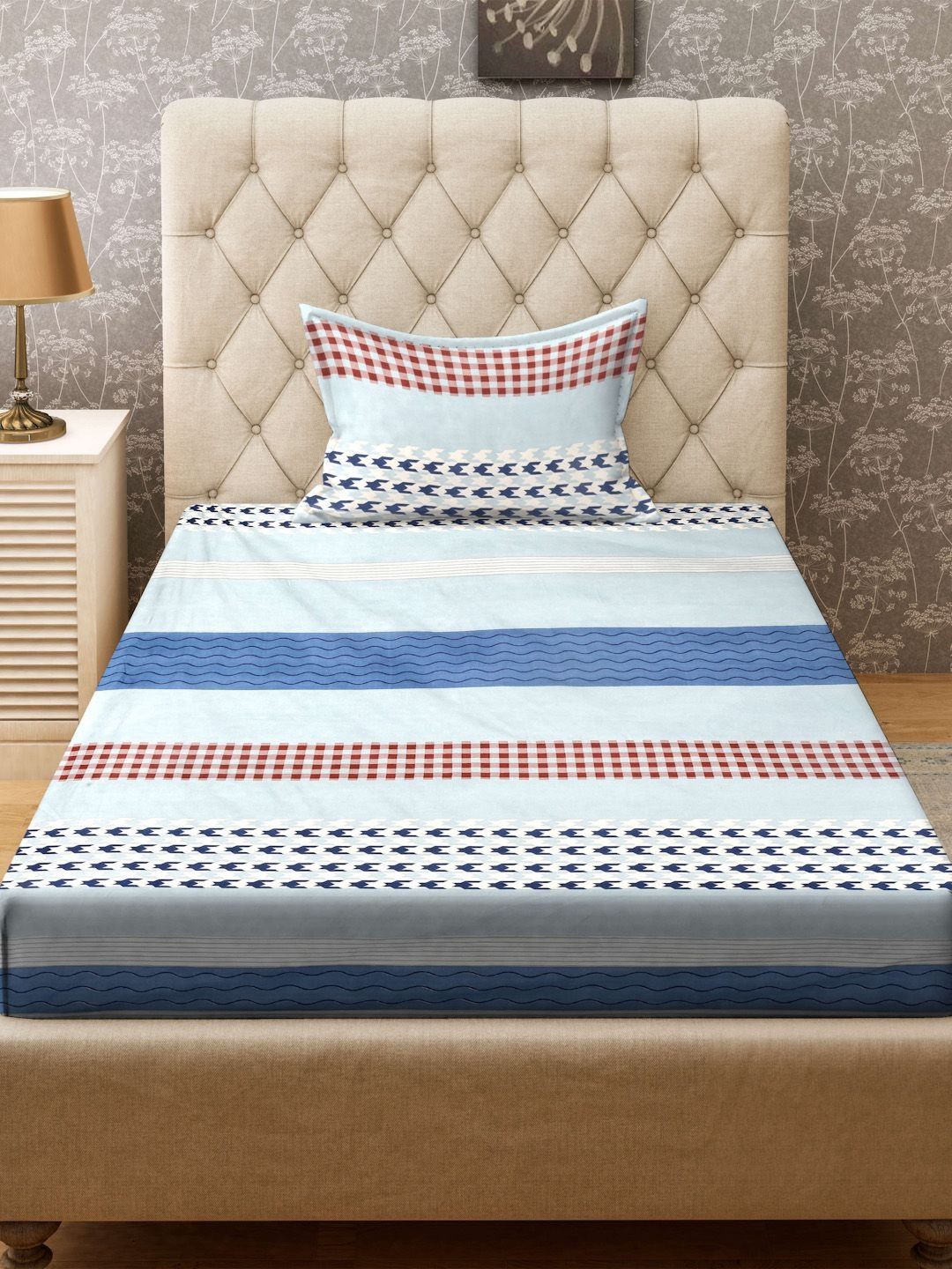KLOTTHE Blue & Red Striped 300TC Single Bedsheet & Pillow Covers