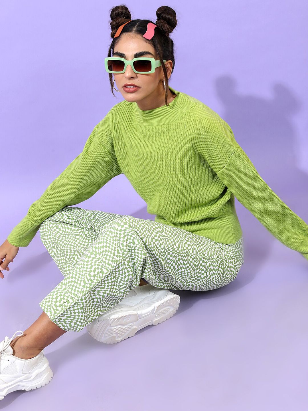 Tokyo Talkies Women Green Cable Knit Acrylic Pullover