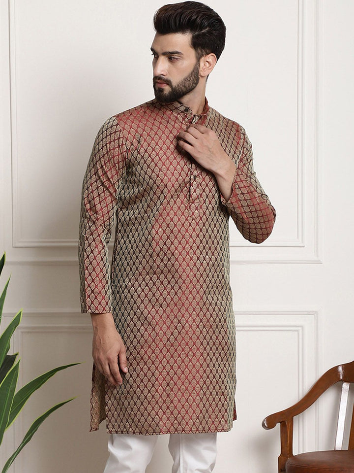SOJANYA Woven Design Mandarin Collar Silk Cotton Kurta