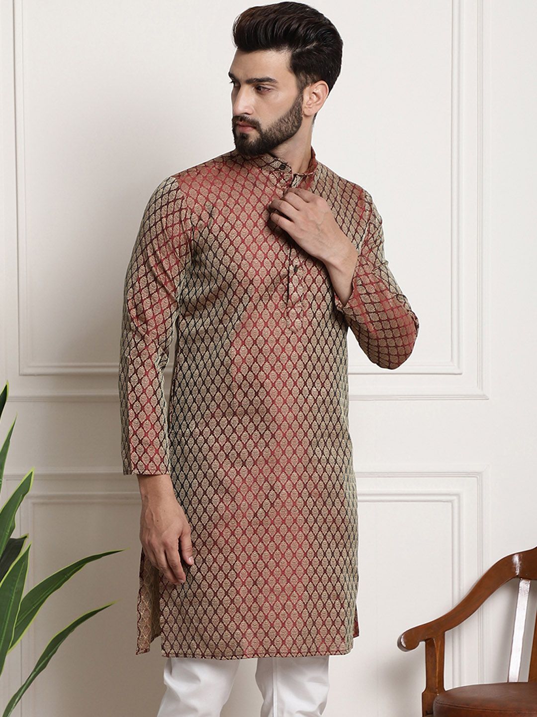 SOJANYA Woven Design Mandarin Collar Silk Cotton Kurta