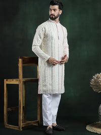 SOJANYA LUXE Embroidered Regular Long Sleeves Mandarin Collar Kurta with Pyjamas