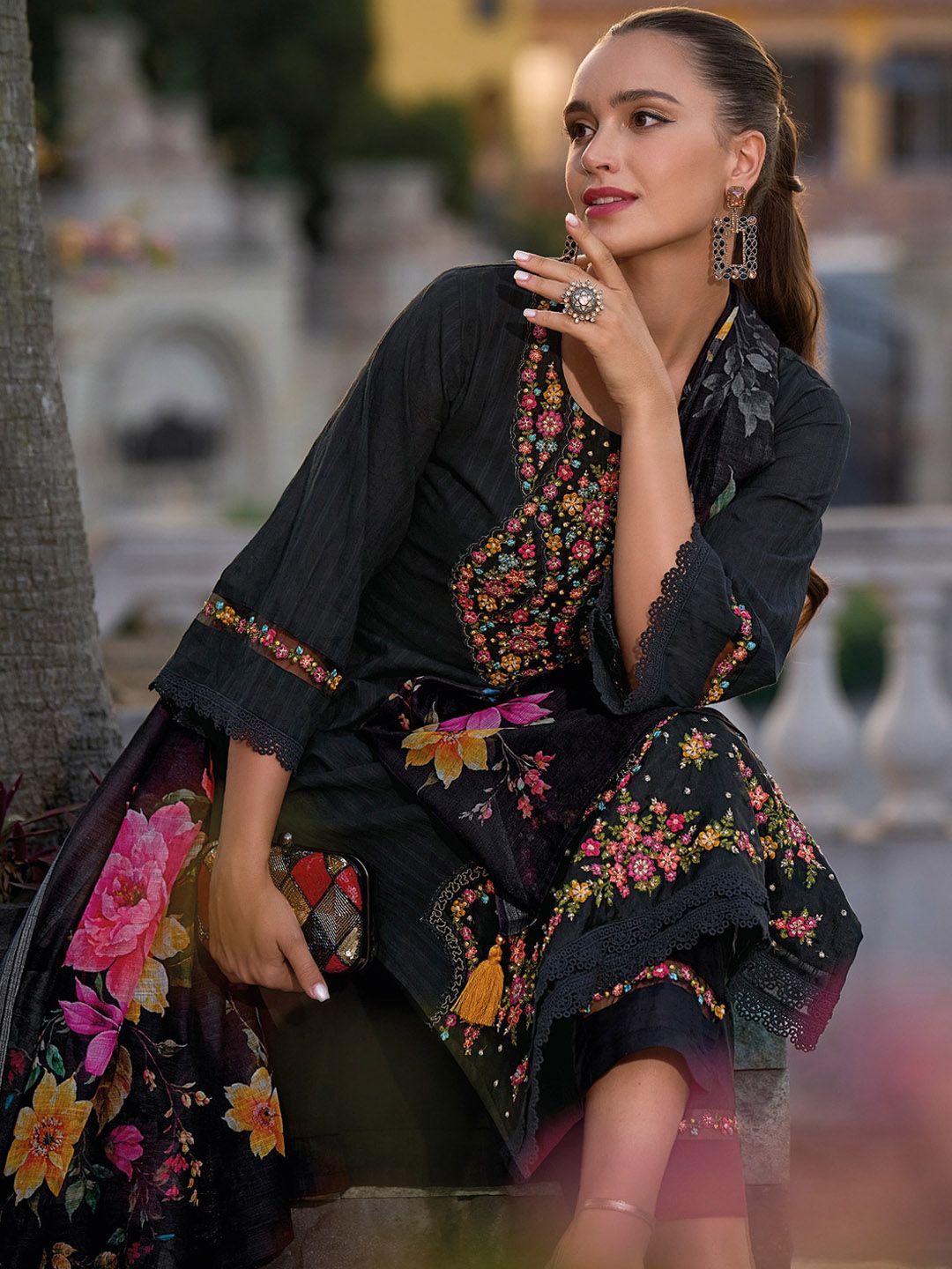 Indo Era Floral Embroidered Regular Thread Work Pure Cotton Straight Kurta Set