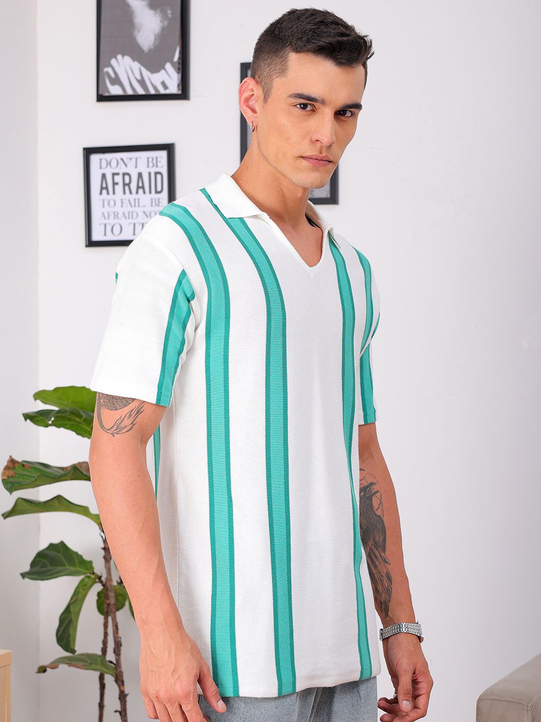 The Indian Garage Co Men Relaxed Fit Striped Flat Knit Polo Resortwear Shirt