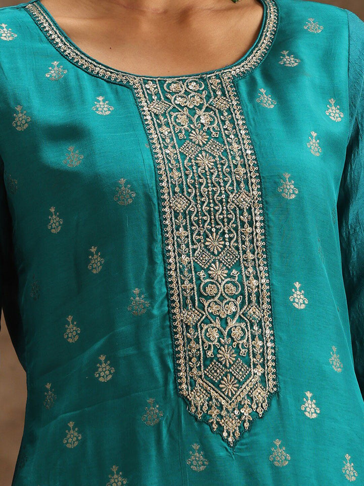 Libas Green Ethnic Motifs Woven Design Pure Silk Kurta With Trousers & Dupatta