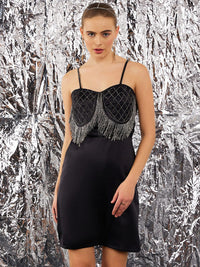 STREET 9 Black Embellished Shoulder Straps Satin Sheath Dress