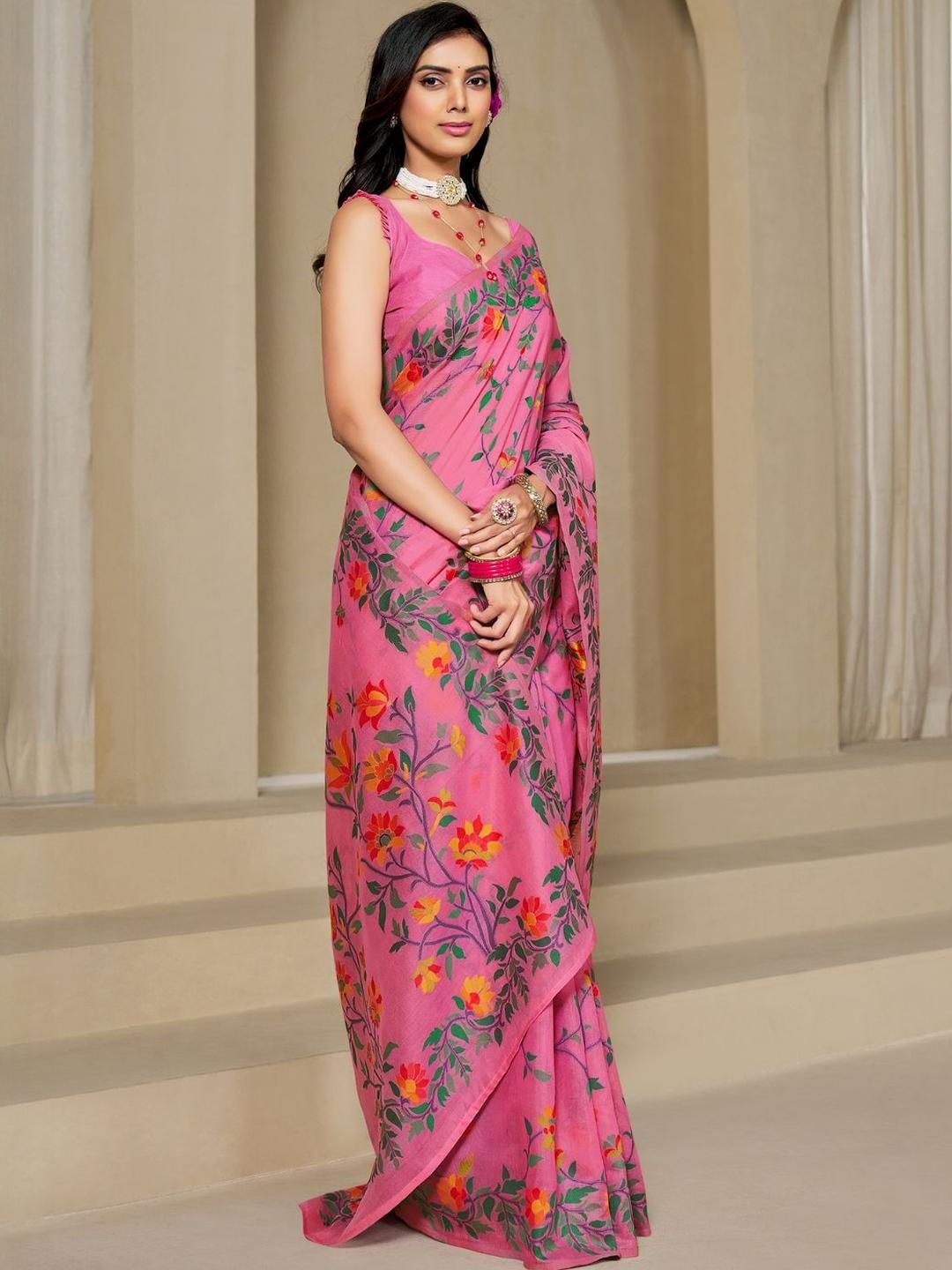 KALINI Pink Pure Cotton Woven Design Sarees