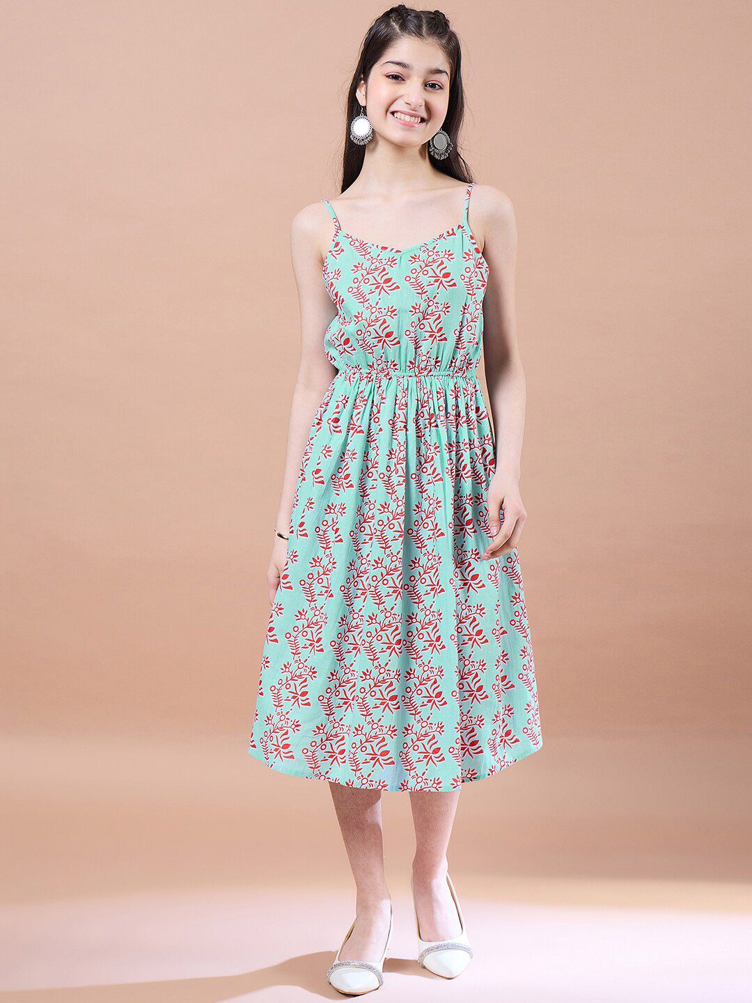pspeaches Girls Ethnic Motifs Print Cotton Round Neck A-Line Midi Dress With Shrug