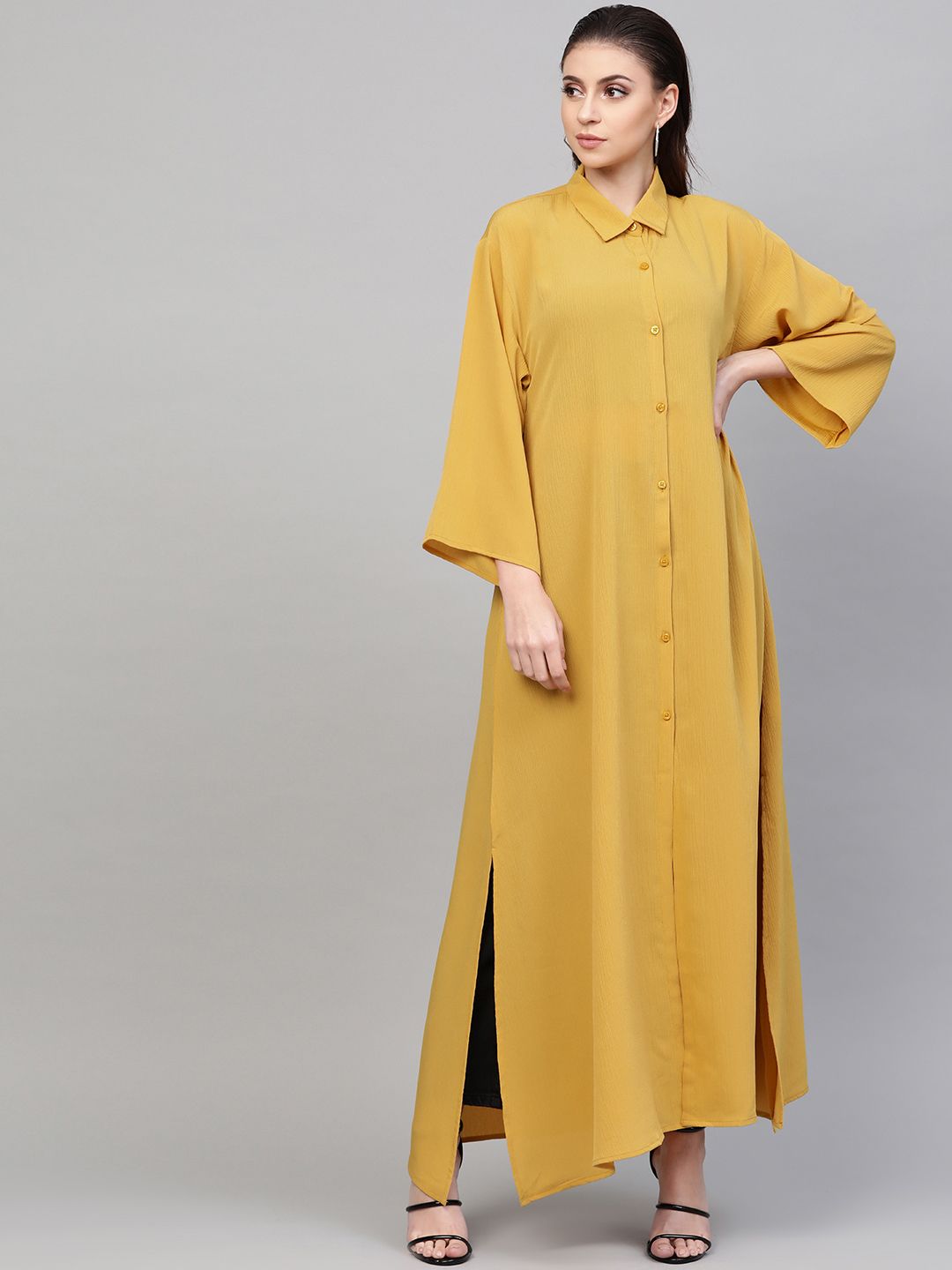 SASSAFRAS Women Mustard Yellow Solid Longline Shirt Style Shrug