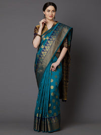 Saree mall Teal Green & Gold-Toned Ethnic Motifs Zari Silk Blend Banarasi Sarees