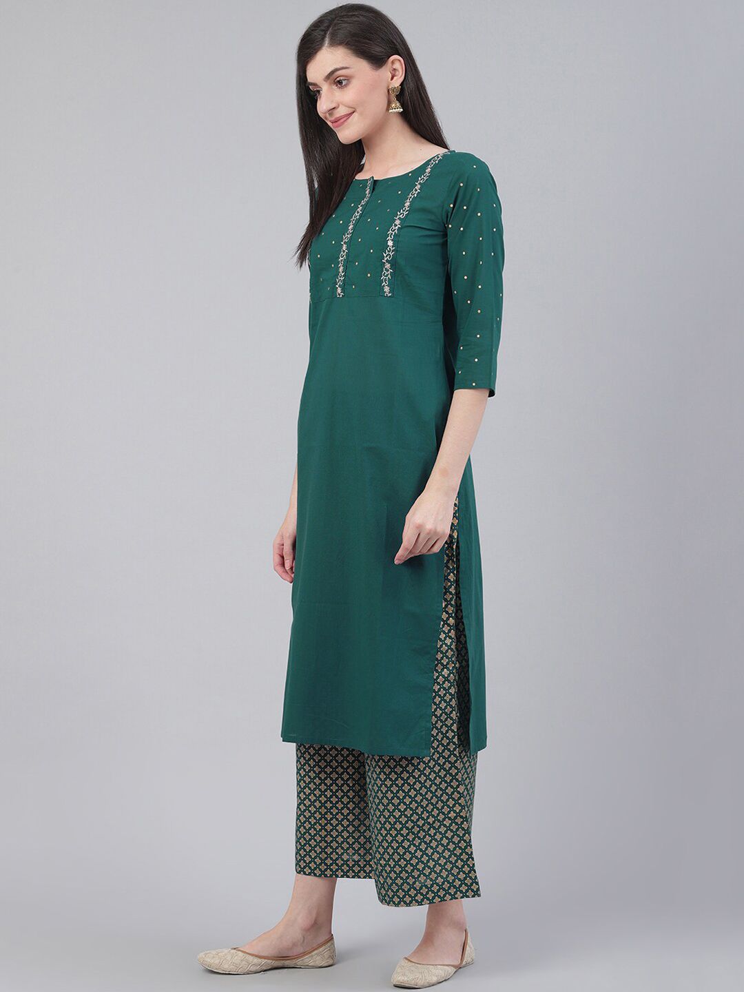 Varanga Women Green Floral Embroidered Kurta with Palazzos