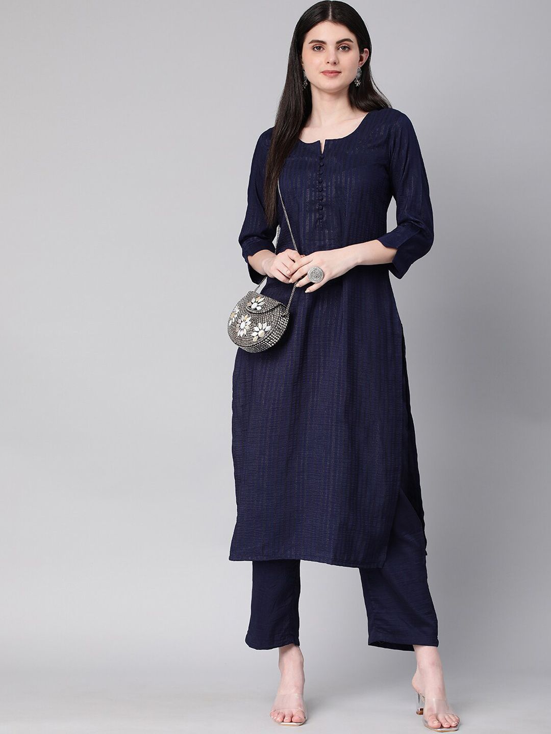 KALINI Striped Round Neck Kurta with Trousers