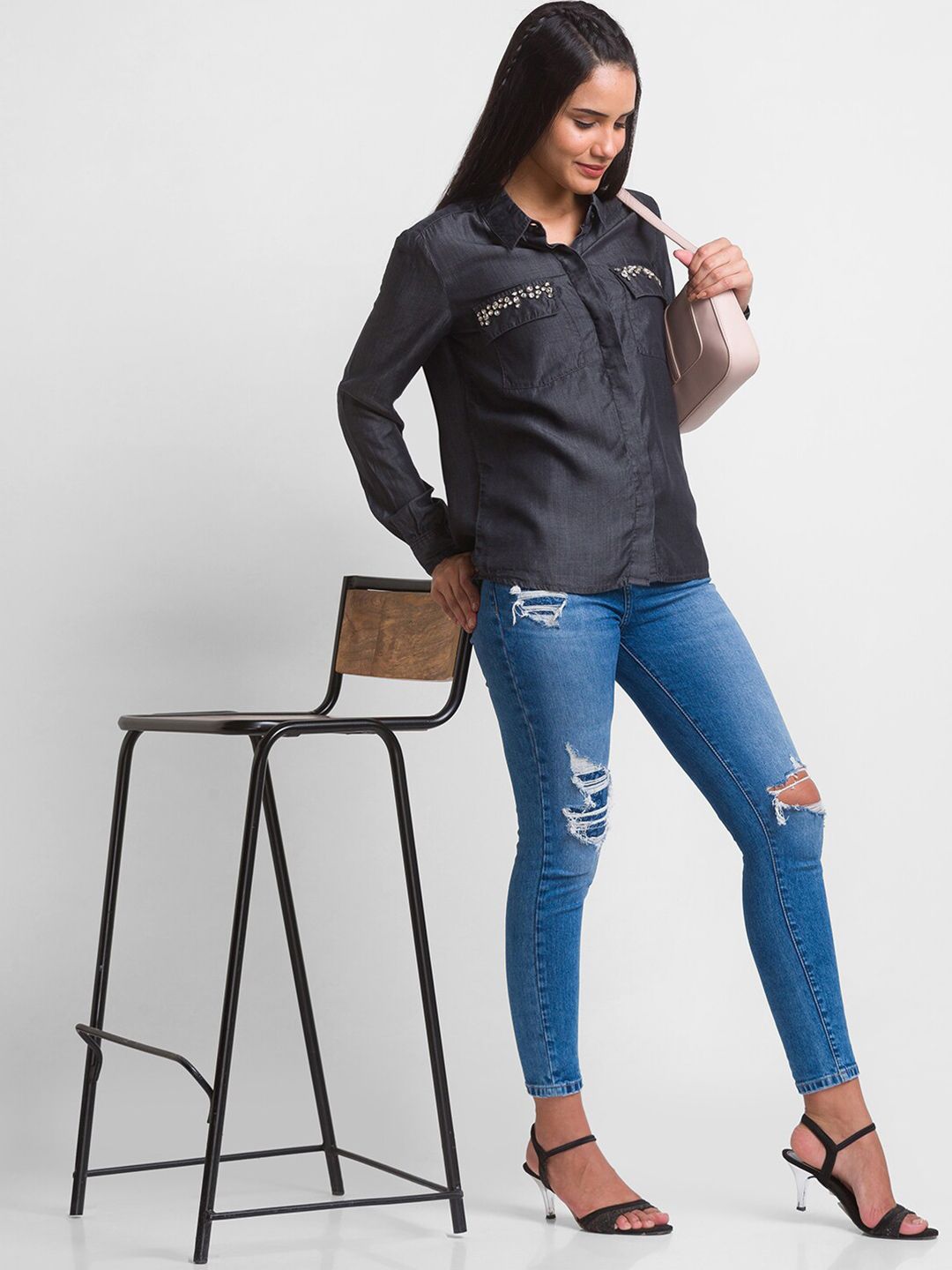 SPYKAR Women Black Satin Casual Shirt